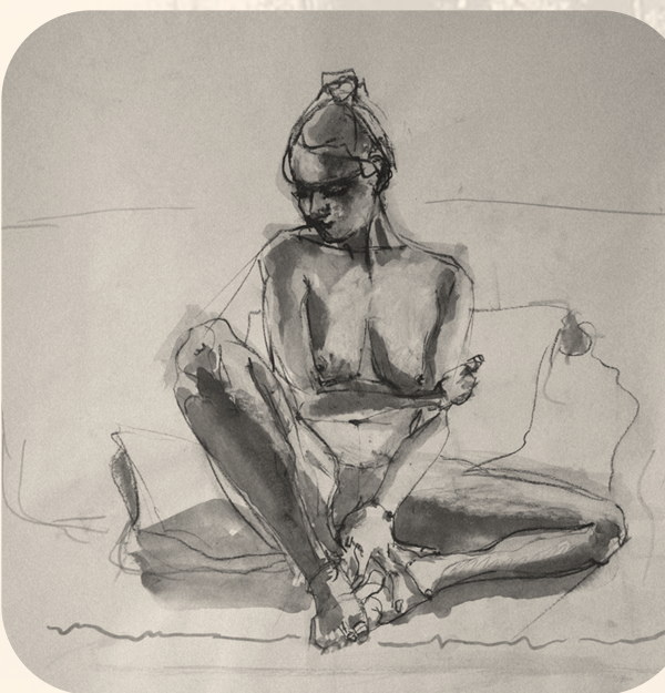 A seated figure in ink wash by Bruno Palma