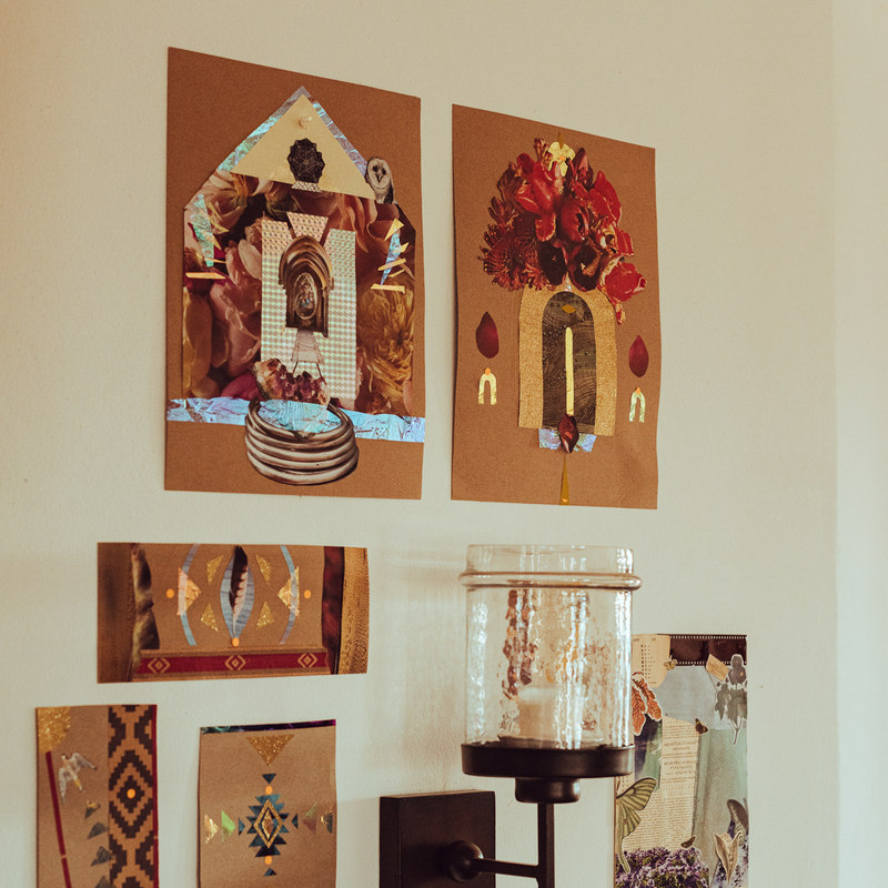 Finished collages from Erika Prib's workshop, hung together on a wall