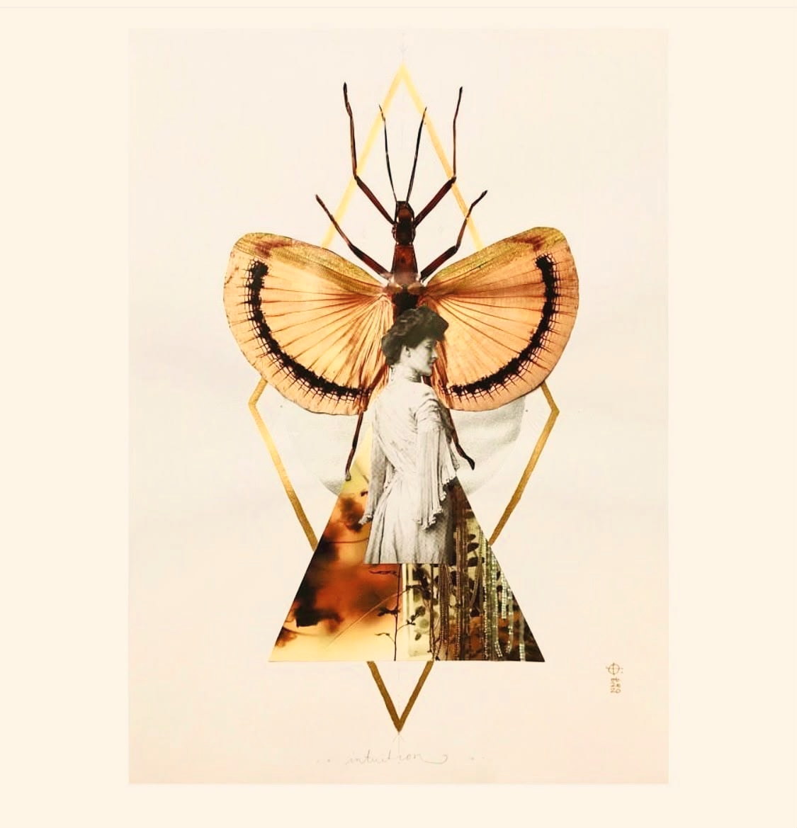 A collage by Erika Prib: a winged insect above a woman in white, gold geometry behind her
