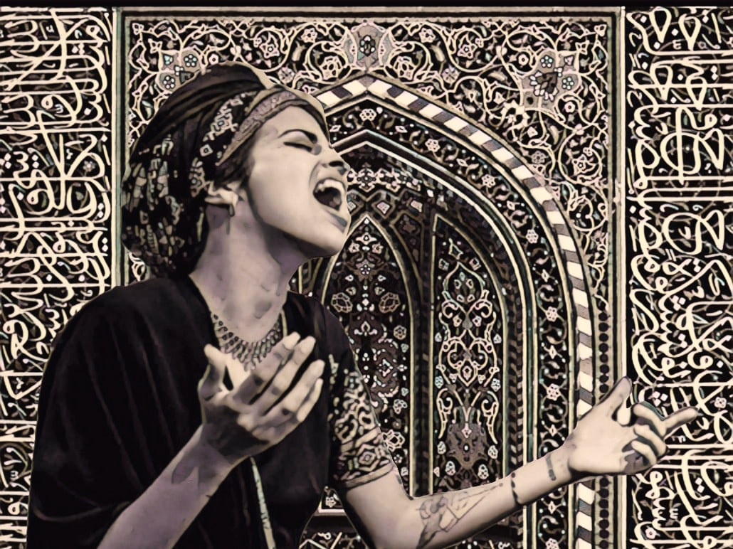 Jasmine Nalaya singing, head tilted back and hands open, before a tiled arch covered in calligraphy