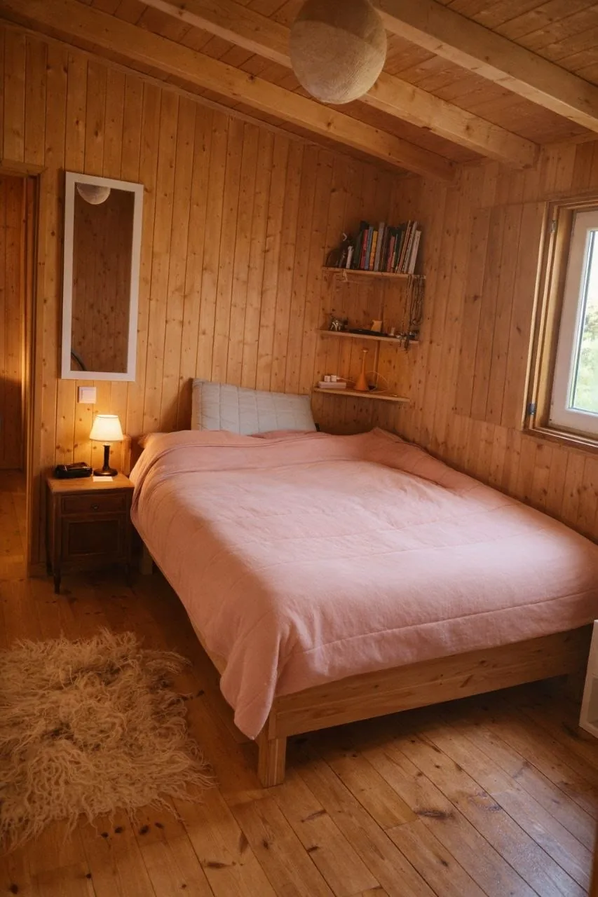 The room in the house: a bed in pine-panelled walls under a beamed ceiling, lamp lit beside it