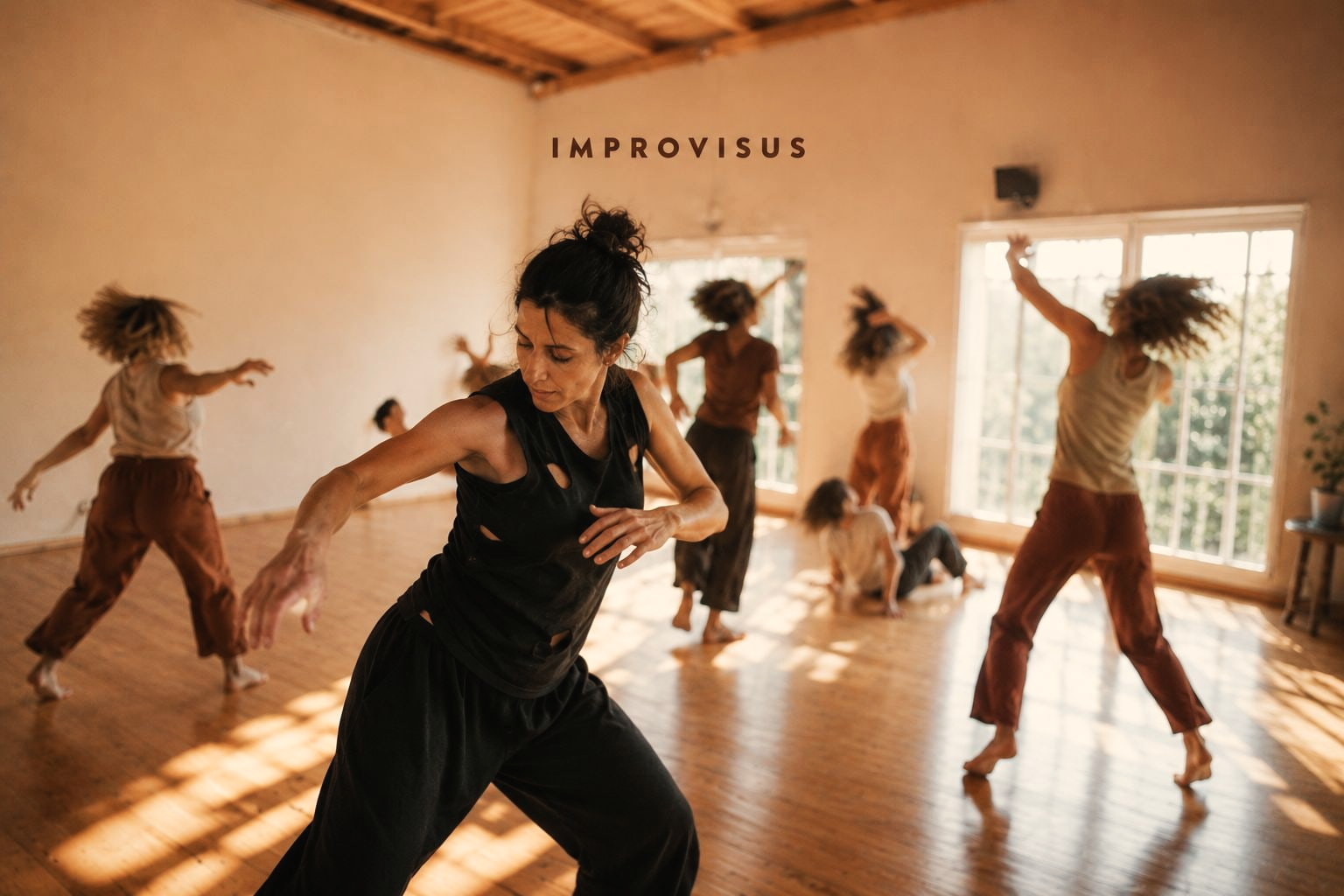 Dancers mid-movement in a sunlit room during one of Shandra's Improvisus sessions